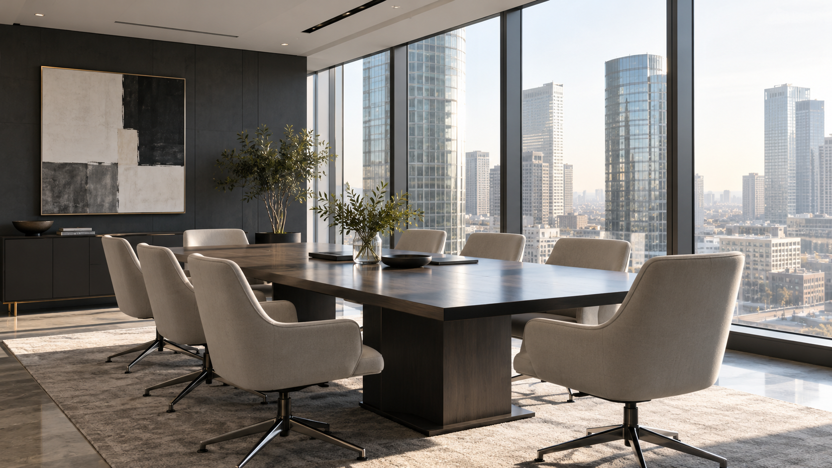 Imagen ilustrativa de una sala ejecutiva con vista a edificios corporativos
